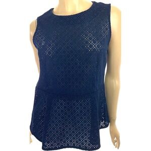Ann Taylor Size S Navy Blue Blouse Top Peplum Sleeveless Cut Out Lace Pattern